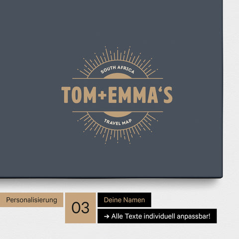 Südafrika-Karte als Pinn-Leinwand in Hale Navy (Dunkelblau-Beige) mit eingedruckten Namen als Logo in Form einer Sonne