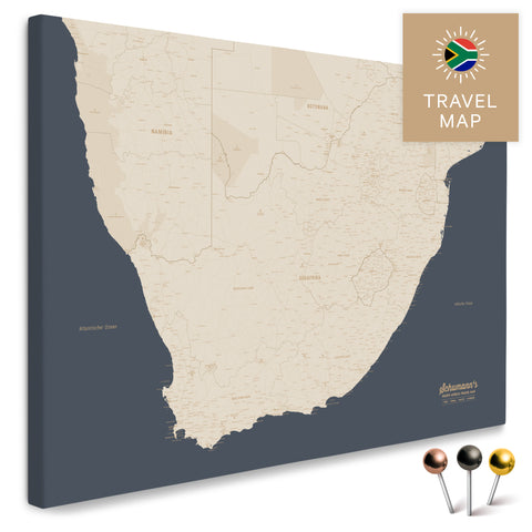 Südafrika-Landkarte in Farbe Hale Navy (Dunkelblau-Beige) als Pinn-Leinwand, mit Pins zur Markierung von Reisezielen, hochwertig in Deutschland gefertigt.