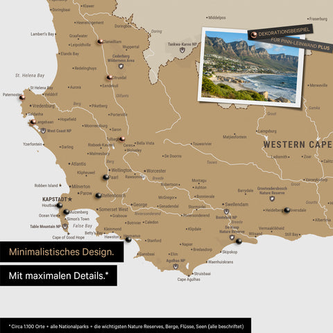 Detail einer Südafrika Landkarte als Pinn-Leinwand im minimalstischen Design und Farbe Multicolor Beige, die mit Pins markierte Reiseziele in der Region rund um Kapstadt zeigt. Auf der Pinn-Leinwand können auch Fotos befestigt werden.