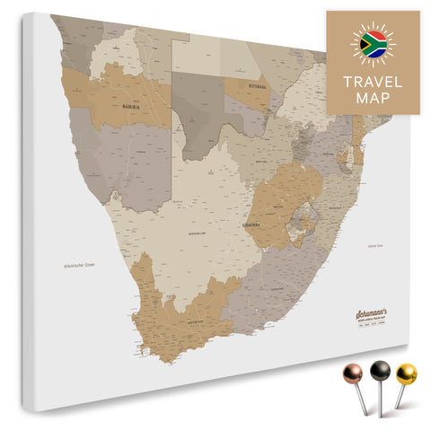 Südafrika-Landkarte in Farbe Multicolor Beige als Pinn-Leinwand, mit Pins zur Markierung von Reisezielen, hochwertig in Deutschland gefertigt.