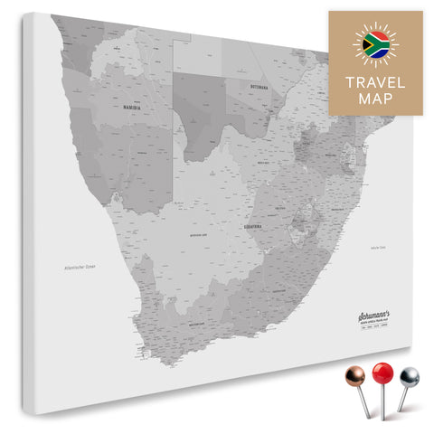 Südafrika-Landkarte in Farbe Multicolor Gray als Pinn-Leinwand, mit Pins zur Markierung von Reisezielen, hochwertig in Deutschland gefertigt.