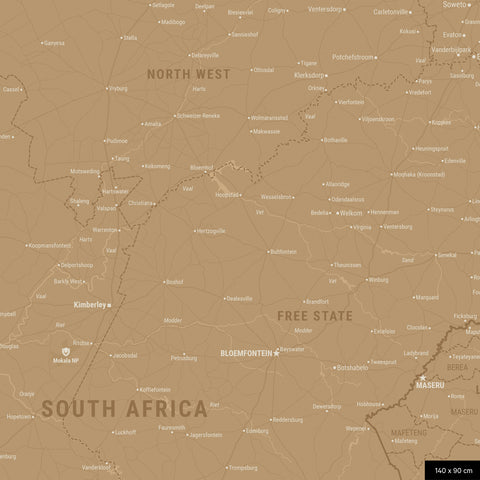 Südafrika-Karte Pinn-Leinwand in Sonar Black (Schwarz-Gold) wahlweise mit oder ohne Straßennetz