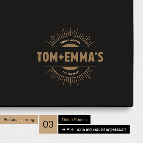Südafrika-Karte als Pinn-Leinwand in Sonar Black (Schwarz-Gold) mit eingedruckten Namen als Logo in Form einer Sonne