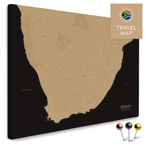 Südafrika-Landkarte in Farbe Sonar Black (Schwarz-Gold) als Pinn-Leinwand, mit Pins zur Markierung von Reisezielen, hochwertig in Deutschland gefertigt.