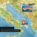 Detail einer magnetischen topografischen Europa Landkarte als Magnettafel zeigt einen Ausschnitt von Italien, Kroatien und Griechenland, in der bereits besuchte Reiseziele durch Magnet-Pins markiert sind. Dieses Magnetboard hält auch Urlaubsmagnete wie in diesem Beispiel einen Reise-Magneten von Italien.