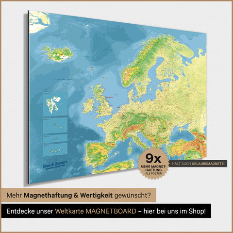 Carte topographique de l'Europe TRAVEL® Poster magnétique – Topo multicolore