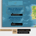 Topografische Europa Landkarte als Leinwand mit Personalisierung als Logo mit Familiennamen und Legende für Orte, die man bereits besucht hat und noch besuchen möchte