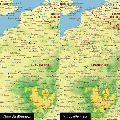 Carte topographique de l'Europe TRAVEL® Poster Premium – Topo multicolore