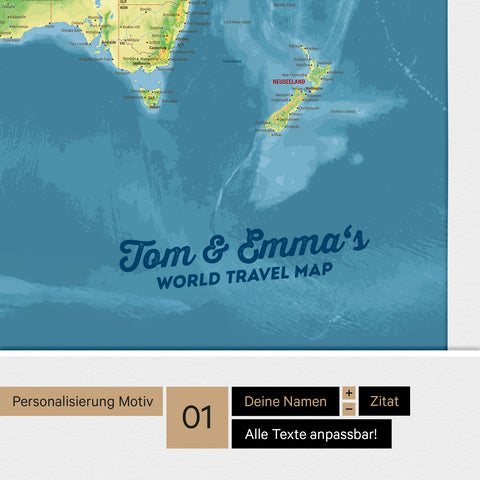 Topografische Weltkarte mit Antarktis als Pinnwand Leinwand in Multicolor Topo mit Personalisierung und Eindruck von deinen Namen