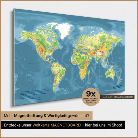 Carte topographique du monde TRAVEL® Poster magnétique – Multicolore Topo