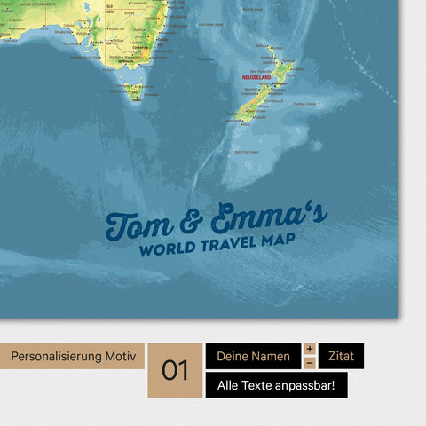 Personalisierte topografische Weltkarte als Magnetposter in Multicolor Topo mit deinem Namen eingedruckt