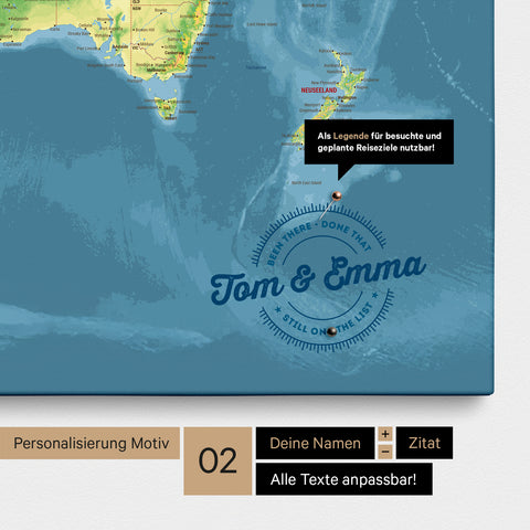 Personalisierte topografische Weltkarte als Pinnwand Leinwand in Multicolor Topo mit eingedruckten Namen und einer Legende zur Markierung von besuchten Orten