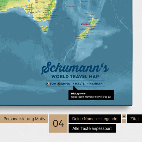 Pinnwand Leinwand einer topografischen Weltkarte in Multicolor Topo mit Personalisierung als Logo mit Familiennamen und Legende
