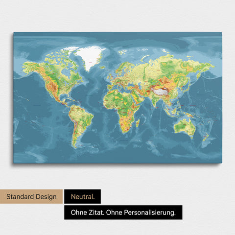 Neutrale und schlichte Ausführung einer topografischen Weltkarte als Pinn-Leinwand in Multicolor Topo ohne Personalisierung