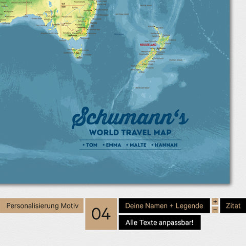 Poster topografische Weltkarte in Multicolor Topo mit Personalisierung als Familien-Logo