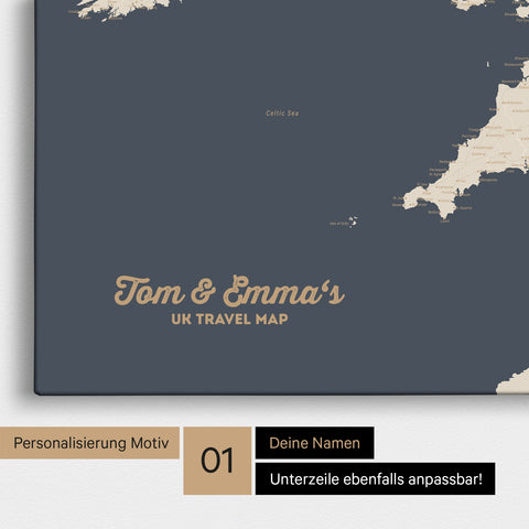 UK-Karte Pinn-Leinwand in Farbe Hale Navy (Dunkelblau-Gold) mit personalisiertem Text