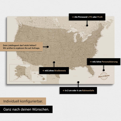 Vielfältige Konfigurationsmöglichkeiten einer USA Amerika Landkarte als Pinn-Leinwand in Farbe Beige
