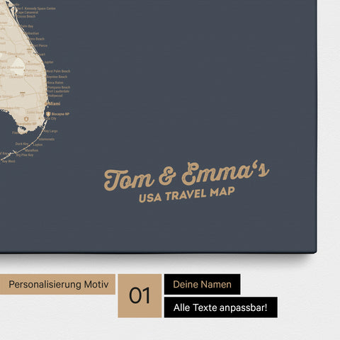 USA Amerika Karte mit hohem Detailgrad als Pinnwand Leinwand in Hale Navy (Dunkelblau Gold) mit Personalisierung und Eindruck mit deinem Namen
