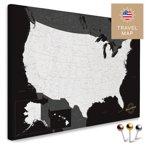 USA Amerika Karte in Schwarz-Weiss mit sehr hohem Detailgrad als Pinnwand Leinwand zum Pinnen und Markieren von Reisezielen kaufen