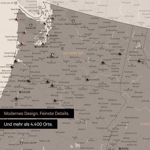 Ausschnitt einer USA Amerika Karte als Pinn-Leinwand in Warmgray (Braun-Grau) zeigt Reiseziele und Highlights in Washington, Oregon und Idaho