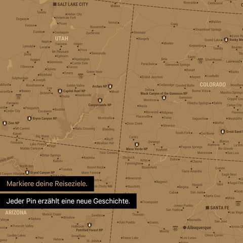 Sehr detaillierte USA Amerika Karte als Papier-Poster zeigt einen Ausschnitt mit Reisezielen in Utah und Colorado