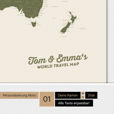 Magnetische Weltkarte ANTARCTICA als Magnetboard in Olive Green mit Personalisierung und Namen in einer modernen Schreibschrift