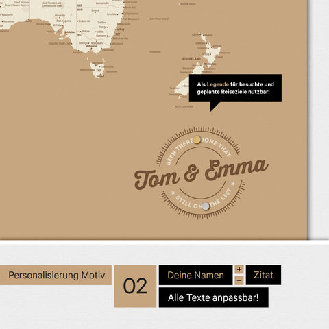 Personalisierte magnetische Weltkarte ANTARCTICA in Treasure Gold mit rundem Logo, das eine Legende für bereits besuchte Reiseziele beinhaltet