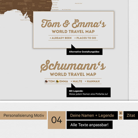 Weltkarte mit Antarktis als Pinn-Leinwand in Braun mit Logo-Eindruck für Unternehmen