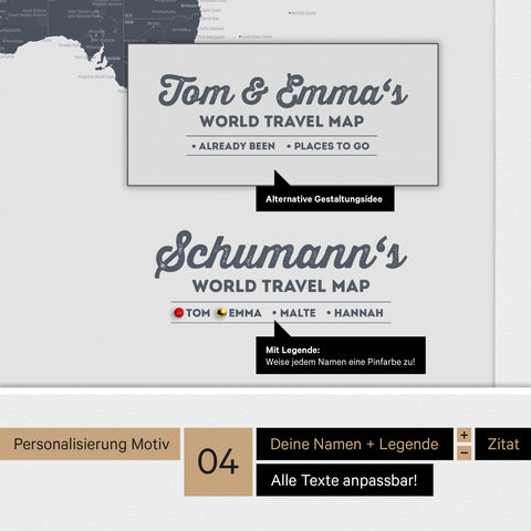 Pinnwand Leinwand einer Antarktis-Weltkarte in Denim Blue mit personalisiertem Logo als Familiennamen
