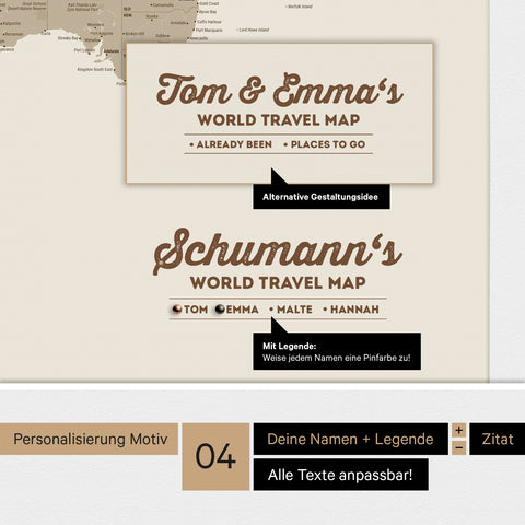 Pinnwand Leinwand einer Antarktis-Weltkarte in Desert Sand (Beige) mit personalisiertem Logo als Familiennamen