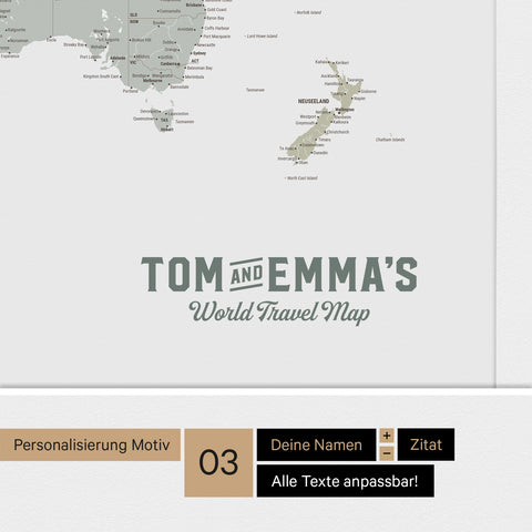 Personalisierte Weltkarte mit Antarktis als Pinn-Leinwand in der Farbe Multicolor Sage mit einer Personalisierung als Vintage-Logo