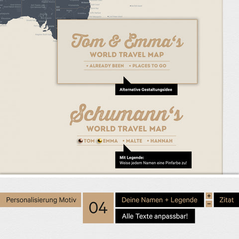 Pinnwand Leinwand einer Antarktis-Weltkarte in Navy Light mit personalisiertem Logo als Familiennamen