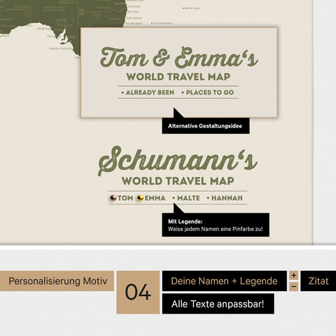 Pinnwand Leinwand einer Antarktis-Weltkarte in Grün mit personalisiertem Logo als Familiennamen