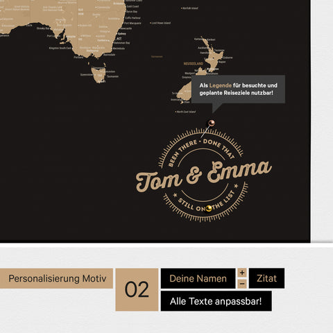 Personalisierte Antarktis-Weltkarte als Pinnwand Leinwand in Sonar Black mit Personalisierung in rund