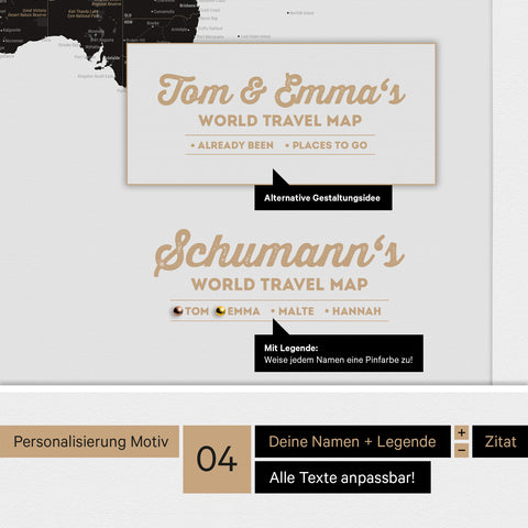 Pinnwand Leinwand einer Antarktis-Weltkarte in Light Black mit personalisiertem Logo als Familiennamen