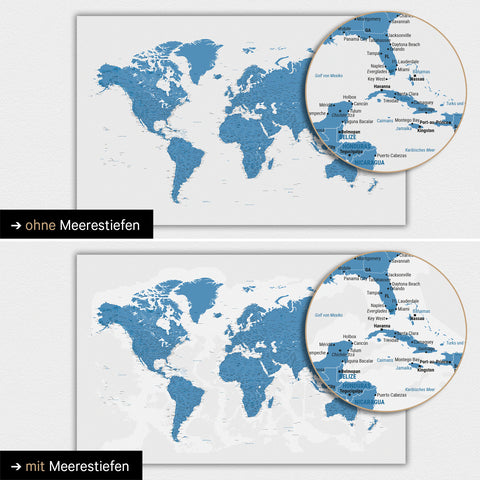 Carte du monde en bleu avec profondeurs marines en deux dimensions
