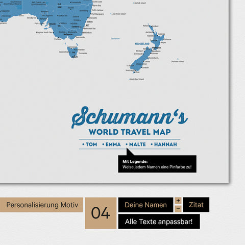 World map in blue with personalization as a family logo