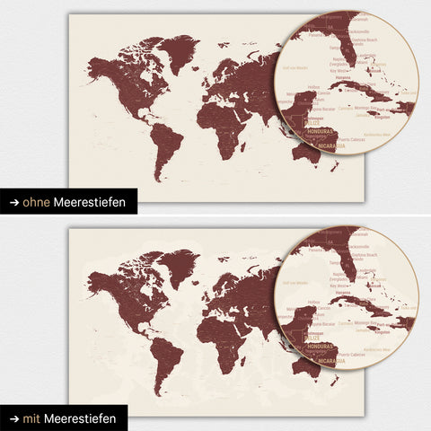Carte du monde en couleur rouge bordeaux avec profondeurs marines bidimensionnelles