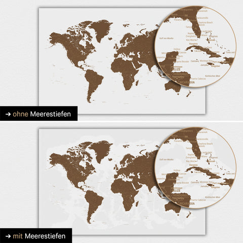 Carte du monde en brun avec profondeurs marines bidimensionnelles