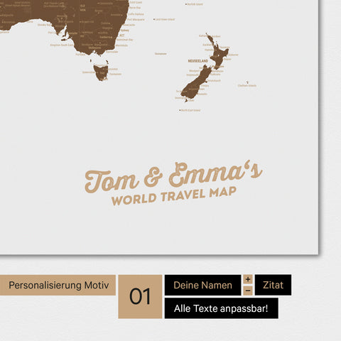 Carte du monde personnalisée en brun avec ton nom imprimé