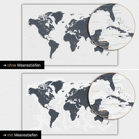 Carte du monde en couleur Denim Blue avec profondeurs marines bidimensionnelles