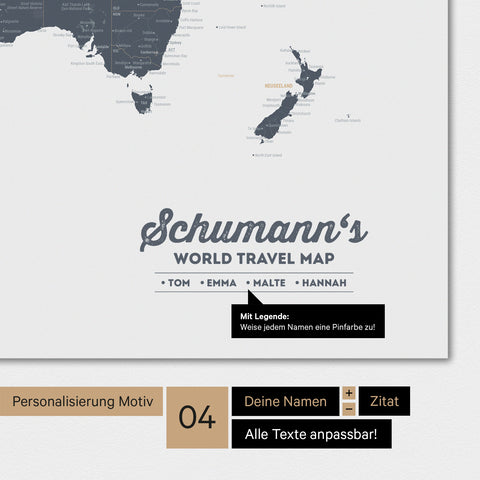 Carte du monde en couleur Denim Blue avec personnalisation en tant que logo familial