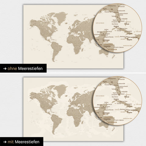 Carte du monde en couleur Desert Sand avec profondeurs marines bidimensionnelles