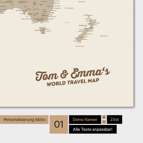 Carte du monde personnalisée en couleur Desert Sand avec ton nom imprimé