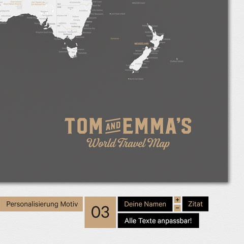 Carte du monde en gris foncé avec un logo vintage comme personnalisation moderne