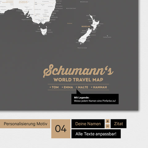 Carte du monde en gris foncé avec personnalisation en tant que logo familial