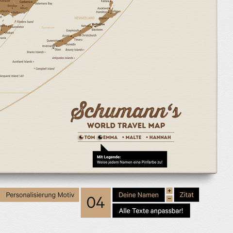 Leinwand einer Weltkarte in der Equal-Earth-Projektion in Bronze mit Personalisierung als Logo mit Familiennamen und Legende