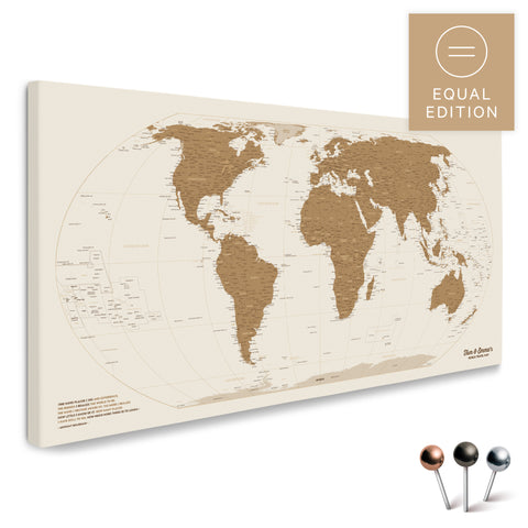 Weltkarte in der Equal-Earth-Projektion und in der Farbe Bronze als hochwertige Pinn-Leinwand, ideal geeignet zum Markieren von Orten und Planen von Reisen