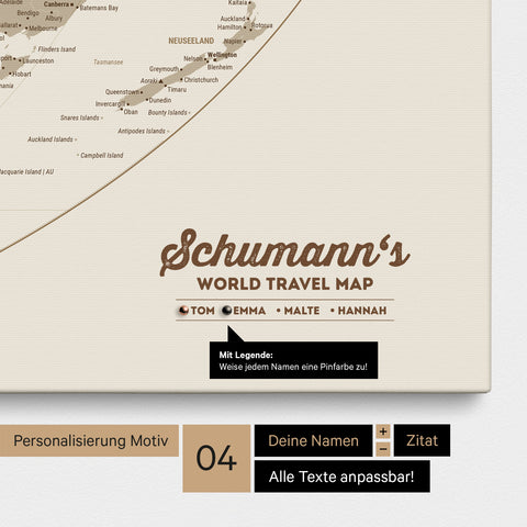 Leinwand einer Weltkarte in der Equal-Earth-Projektion in Desert Sand mit Personalisierung als Logo mit Familiennamen und Legende