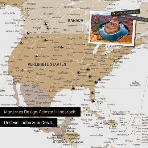 Weltkarte in der Equal-Earth-Projektion als Pinnwand in der Farbe  Multicolor Beige, auf der Reiseziele in den USA und Kanada mit Pins markiert sind